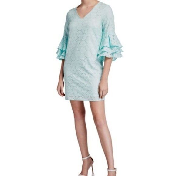 Julie Brown Eyelet Dress Light Blue with Ruffle Sleeves - Picture 1 of 12